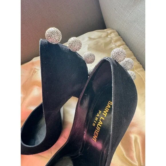 Saint Laurent Crystal Embellishments Suede Heels Pumps Black Size 36 - Picture 7 of 10
